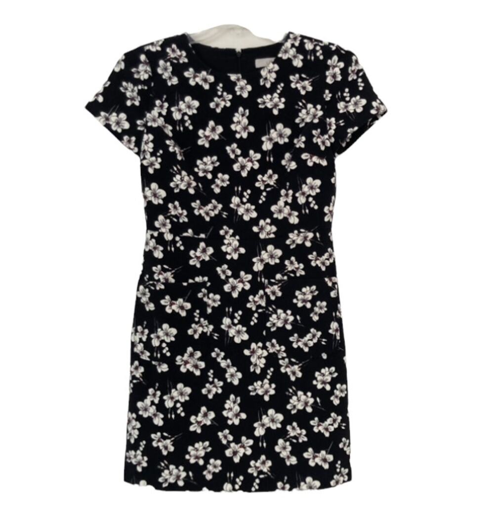 Loft Black Floral Short Sleeve Sheath Dress Sz 4